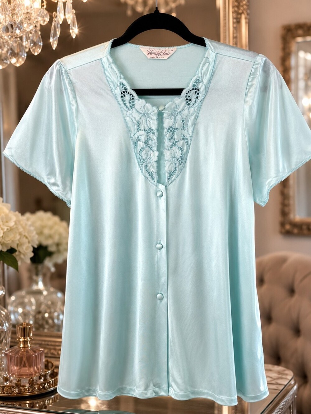Vintage Vanity Fair Small Aqua Blue Satin Nylon Bed Jacket Embroidered Floral